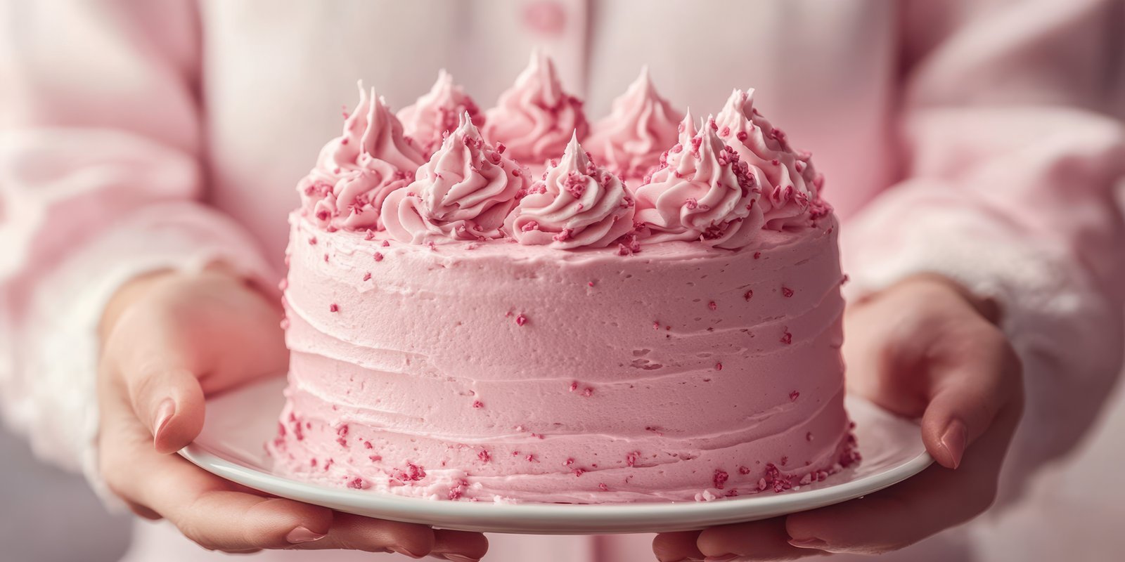 Delightful pink cake with frosting presented on a white plate during a joyful celebration